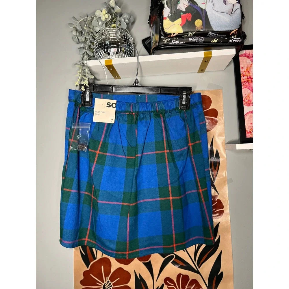 SO Goods for Life Blue Green Plaid Faux Wrap Mini Skirt High Rise Size 7 NWT - Picture 3 of 6